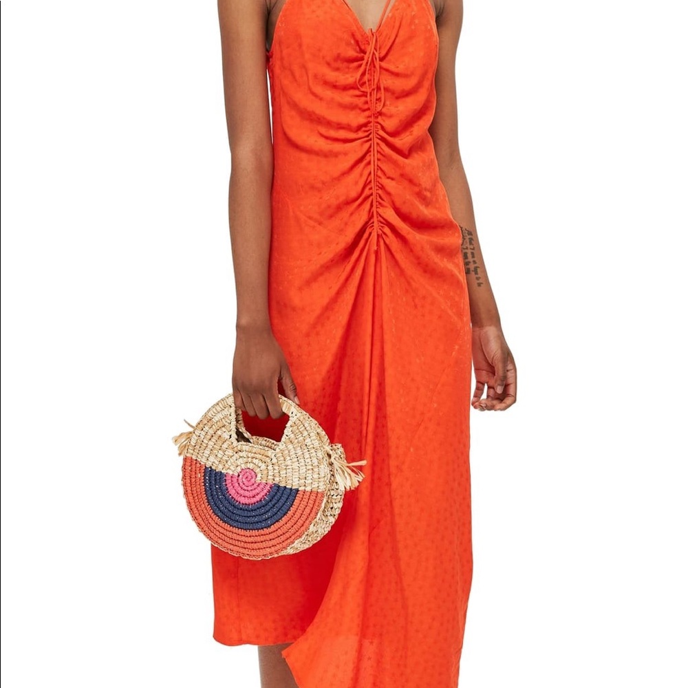 Topshop Orange Ruched V-Neck Midi Dress